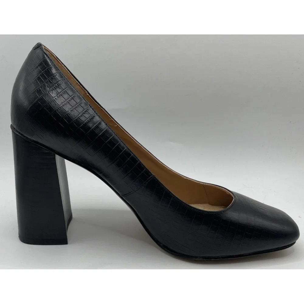 Nine West Block Heel Croc Embossed Black Leather Pumps Women's Size 9.5 M